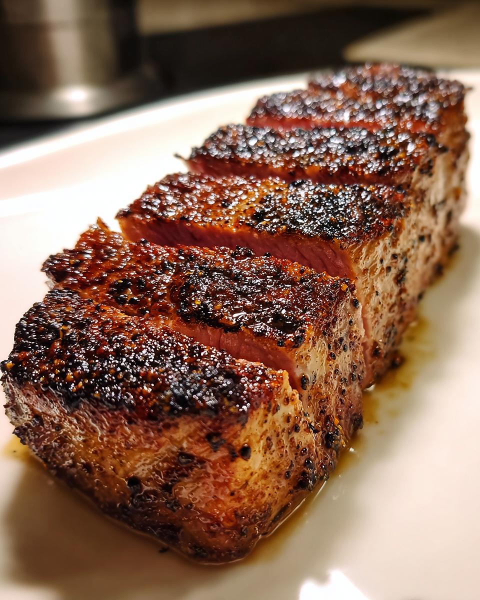 A close-up view of a perfectly cooked and sliced Blackened Tuna Steak, showcasing its seasoned crust and pink interior.