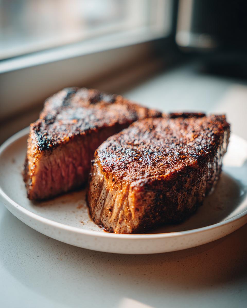 Two perfectly cooked Blackened Tuna Steaks on a white plate, showcasing a deep sear and pink interior.