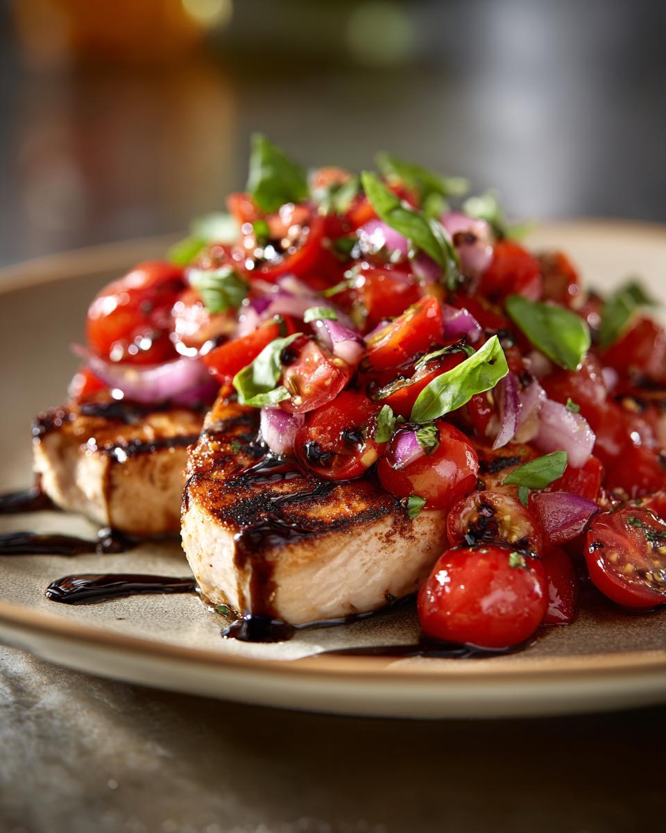 Two grilled chicken breasts topped with fresh bruschetta mixture of tomatoes, red onion, and basil.