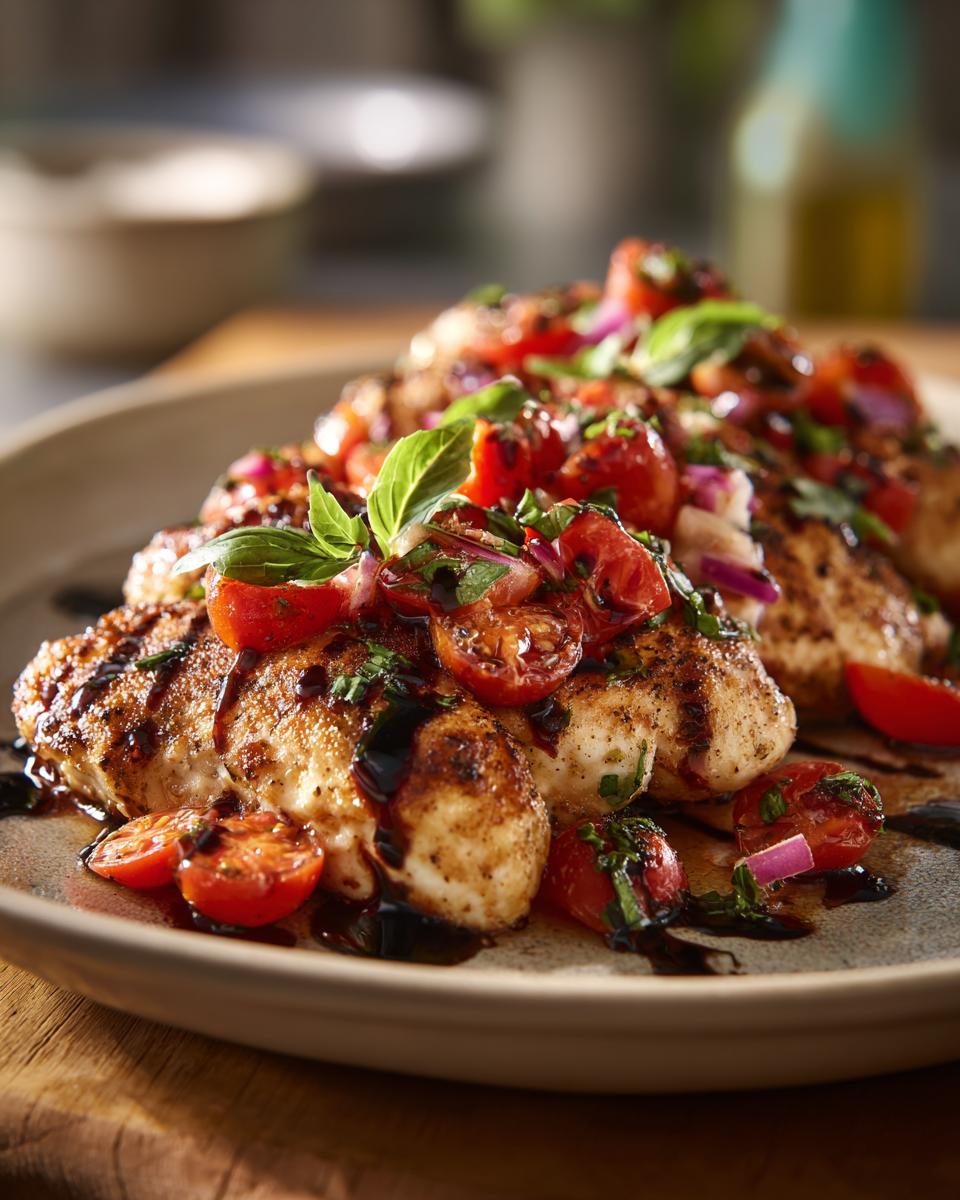 Close-up of grilled Bruschetta chicken topped with fresh tomatoes, red onion, basil, and balsamic glaze.