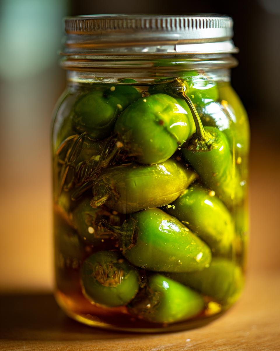 Close-up of a glass jar filled with vibrant green candied jalapenos in a sweet brine.