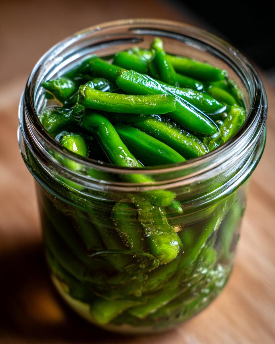 Close-up of a glass jar filled with bright green candied jalapenos submerged in liquid.