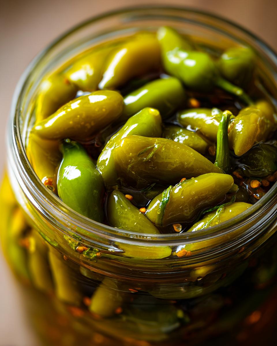 Close-up of a glass jar filled with glistening candied jalapenos in a sweet brine.