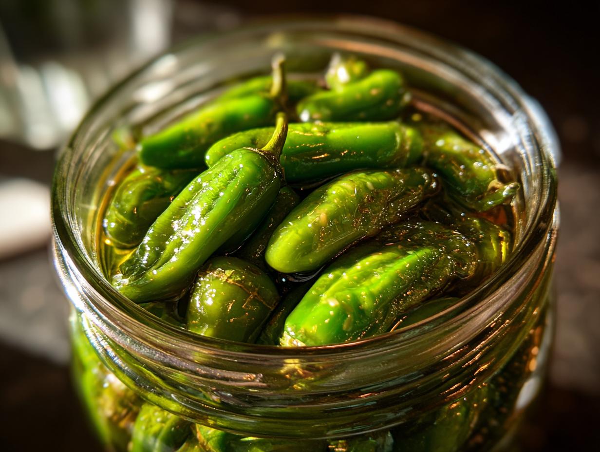 Close-up of a glass jar filled with vibrant green candied jalapenos submerged in syrup.