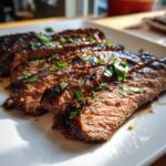 Close-up of sliced grilled steak, glistening with juices and garnished with fresh cilantro, prepared with carne asada marinade.
