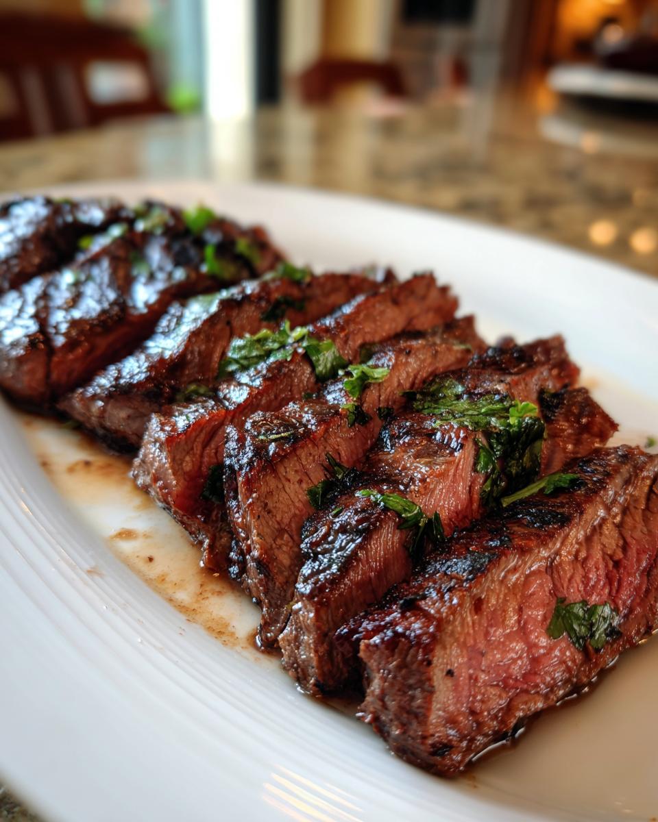 Close-up of perfectly grilled carne asada steak, sliced and garnished with fresh herbs.