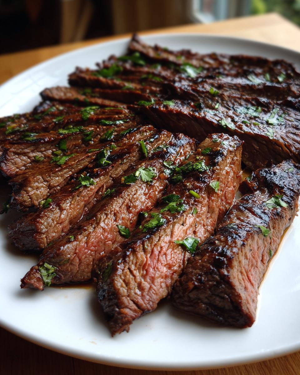 Close-up of perfectly grilled carne asada steak, sliced and garnished with fresh cilantro.