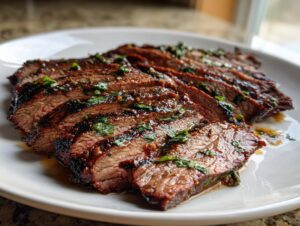 Close-up of sliced steak with a glossy, flavorful carne asada marinade and fresh cilantro.