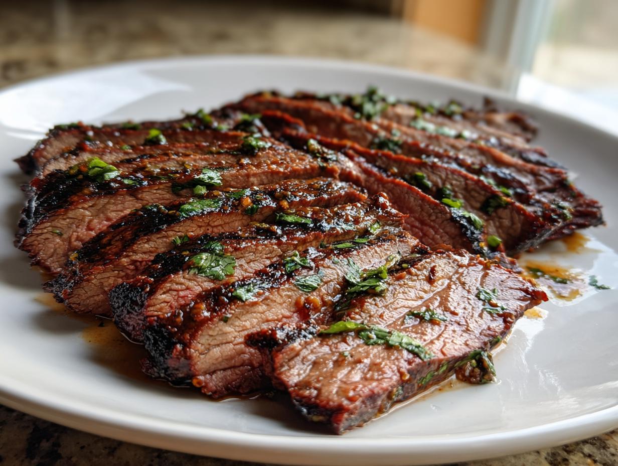 Close-up of sliced steak with a glossy, flavorful carne asada marinade and fresh cilantro.