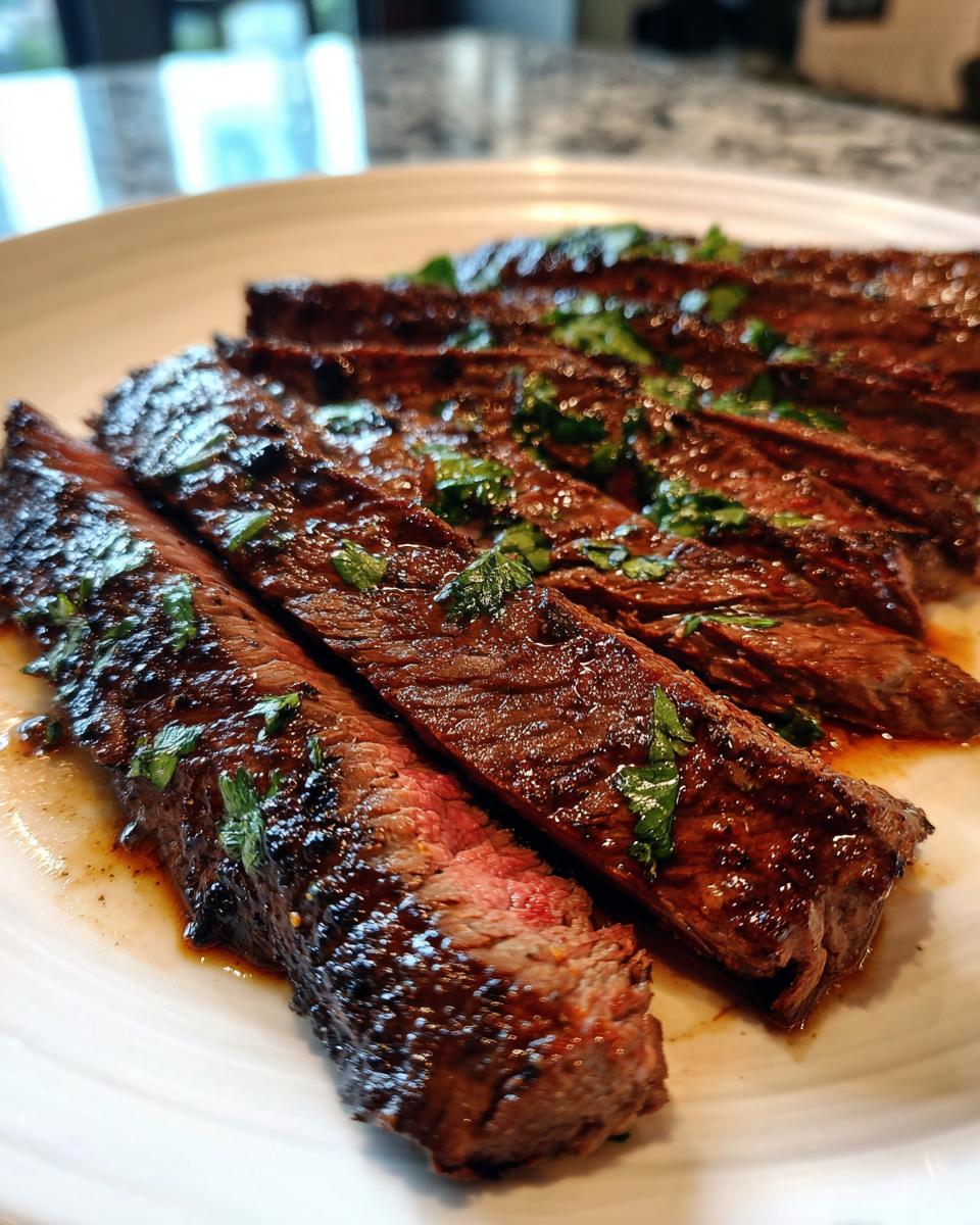 Close-up of perfectly cooked carne asada steak slices, seasoned with a flavorful marinade and garnished with fresh cilantro.