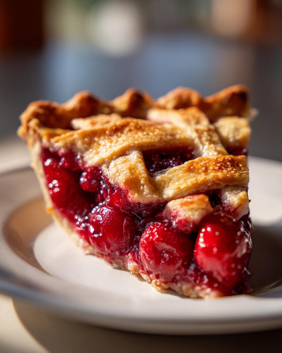 A close-up of a slice of cherry pie with a lattice crust, showcasing the juicy red cherries.