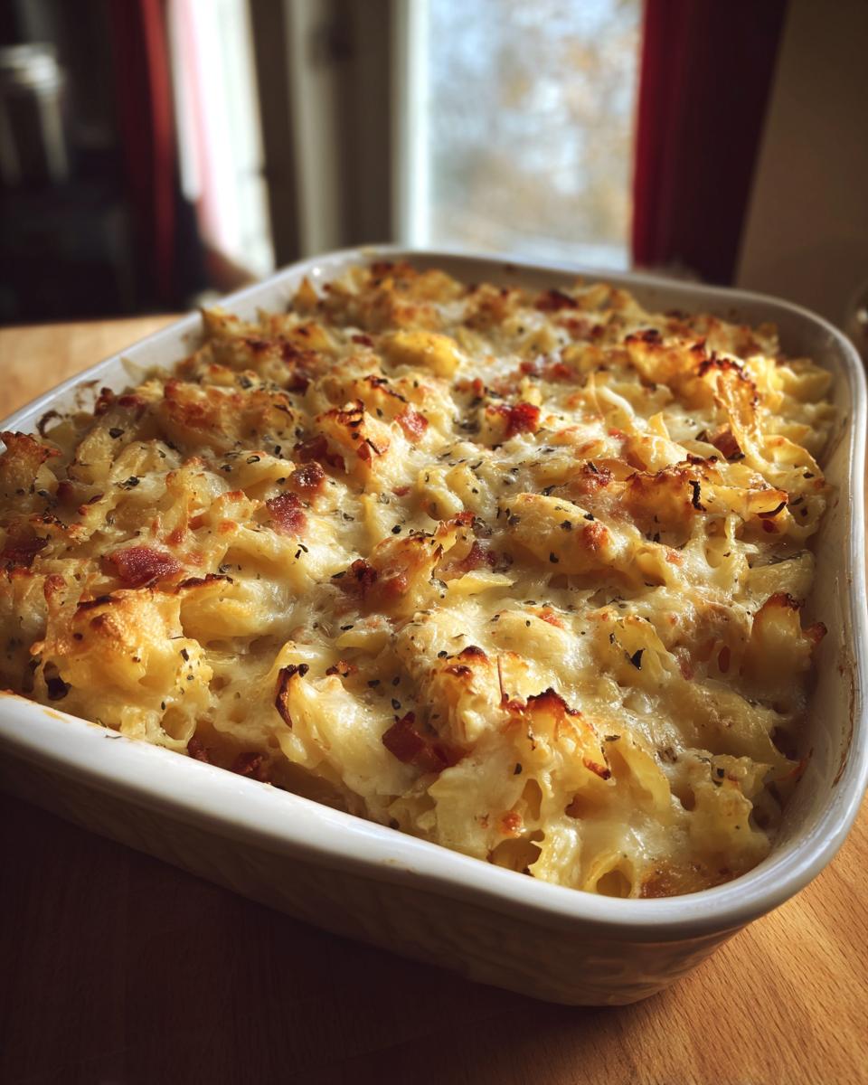 A close-up shot of a freshly baked chicken bacon ranch casserole in a white baking dish, golden brown and bubbly.