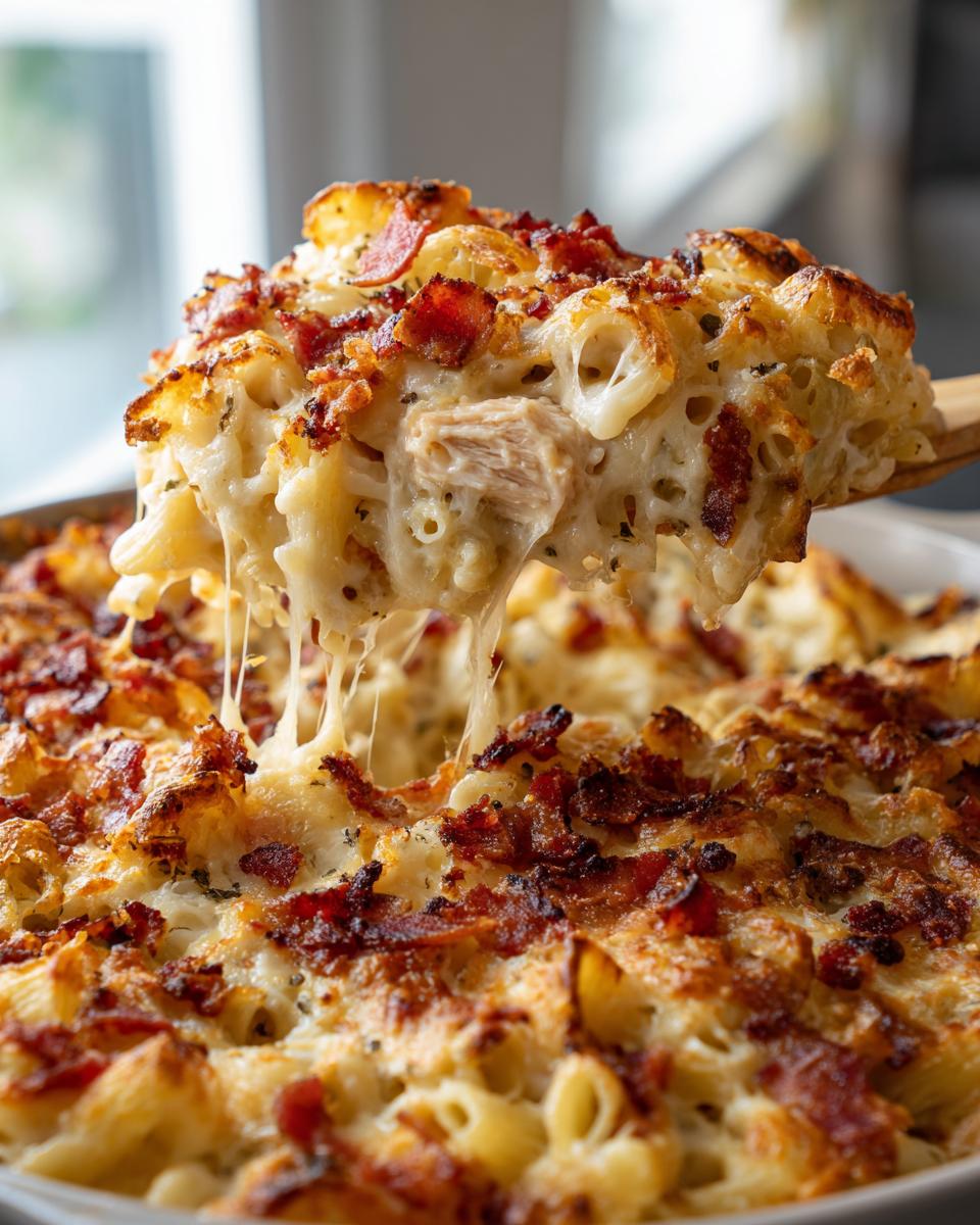 A scoop of creamy chicken bacon ranch casserole being lifted, showing melted cheese and crispy bacon.
