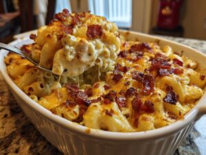 A serving spoon lifts a cheesy portion of chicken bacon ranch casserole, showing melted cheese and crispy bacon.