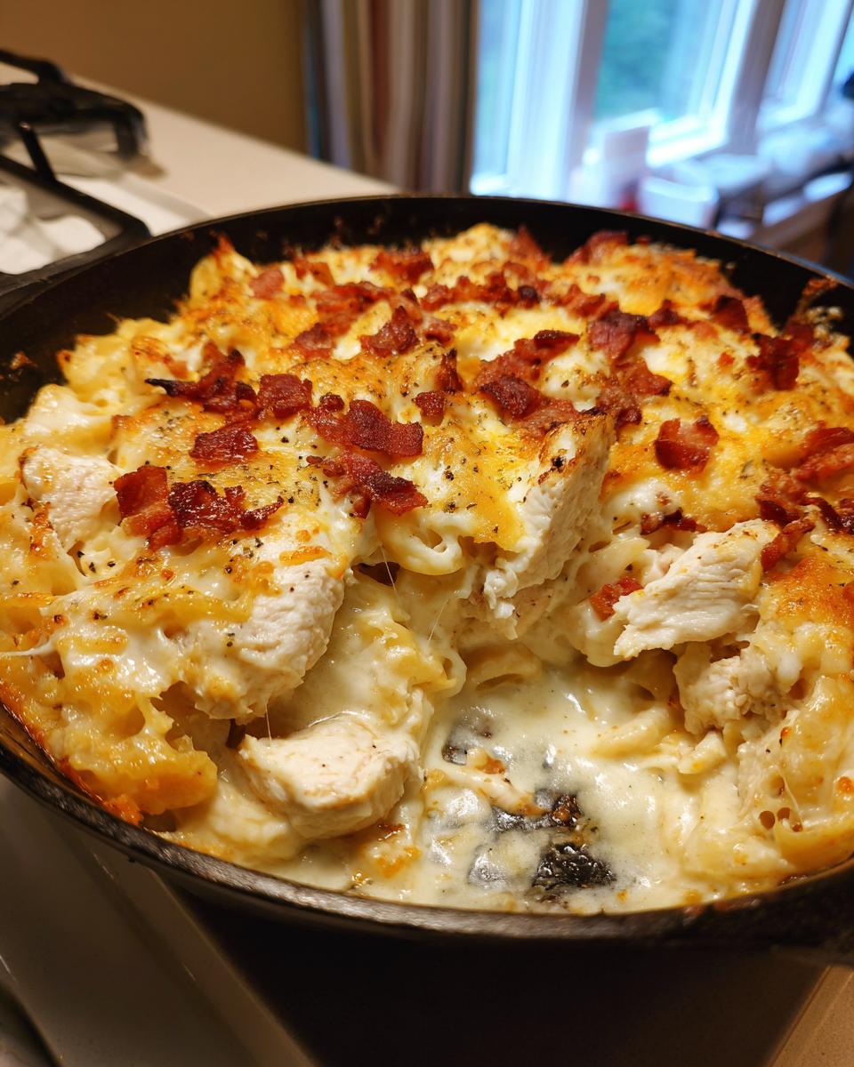 Close-up of a bubbling chicken bacon ranch casserole in a cast iron skillet, topped with melted cheese and crispy bacon.
