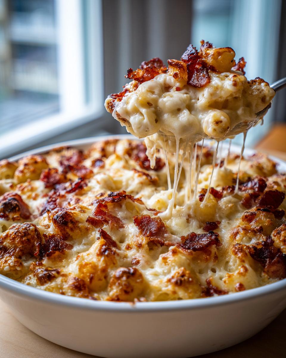 A spoonful of creamy chicken bacon ranch casserole, with melted cheese stretching.