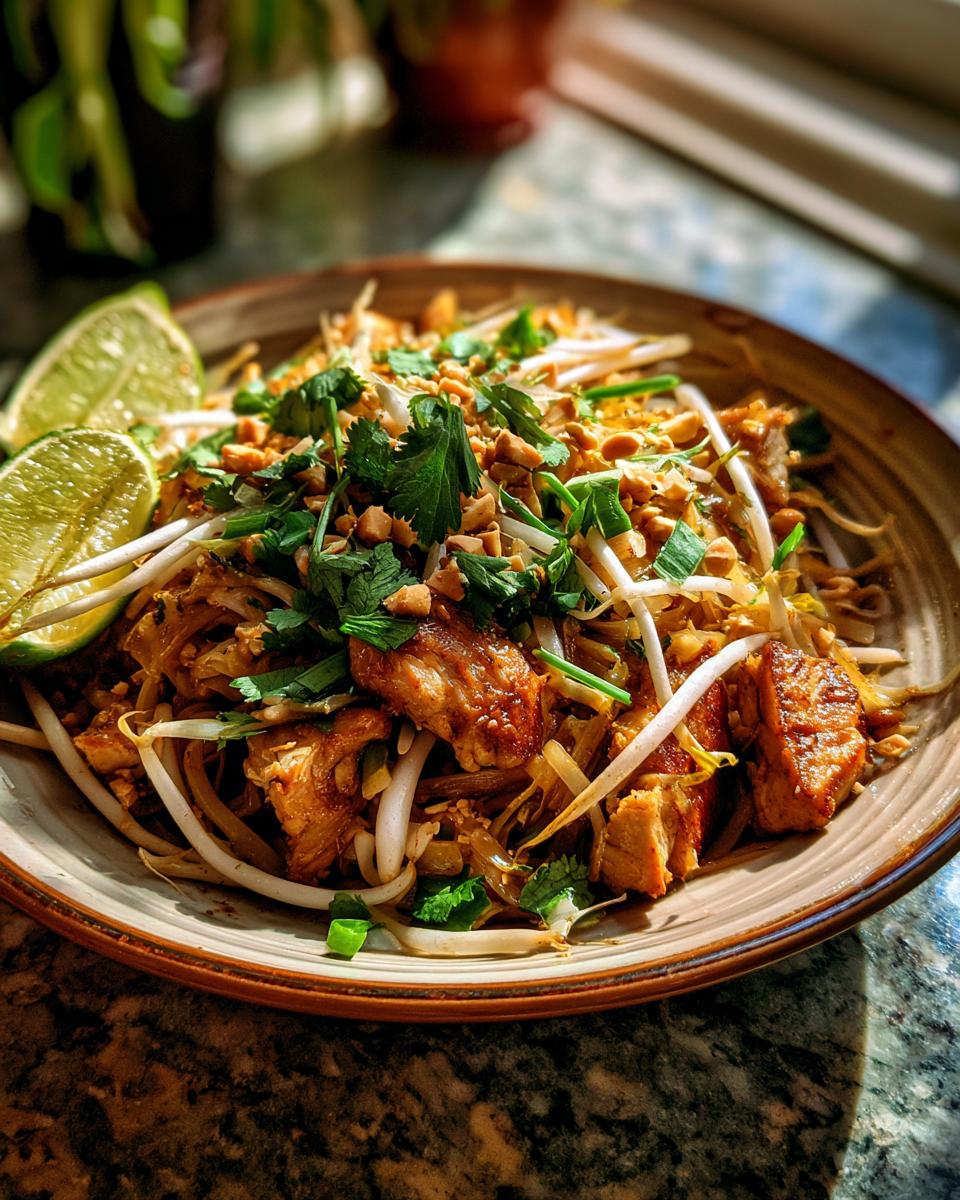 A close-up of a bowl of Chicken Pad Thai, garnished with bean sprouts, cilantro, chopped peanuts, and lime wedges.