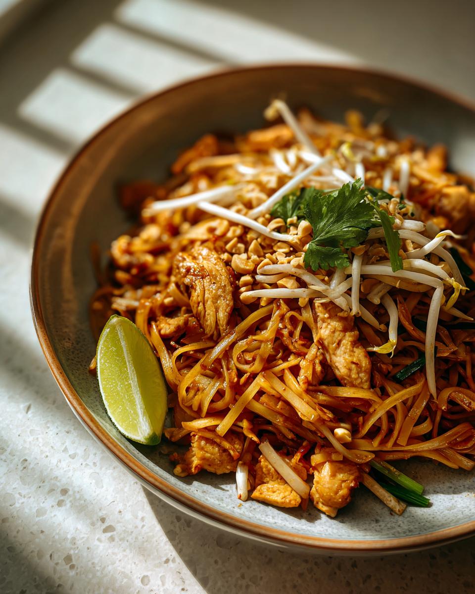 A close-up of a bowl of Chicken Pad Thai, featuring rice noodles, chicken pieces, bean sprouts, crushed peanuts, and a lime wedge.