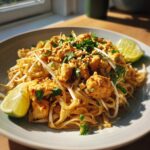A close-up of a bowl of Chicken Pad Thai, featuring noodles, chicken, bean sprouts, chopped peanuts, and lime wedges.