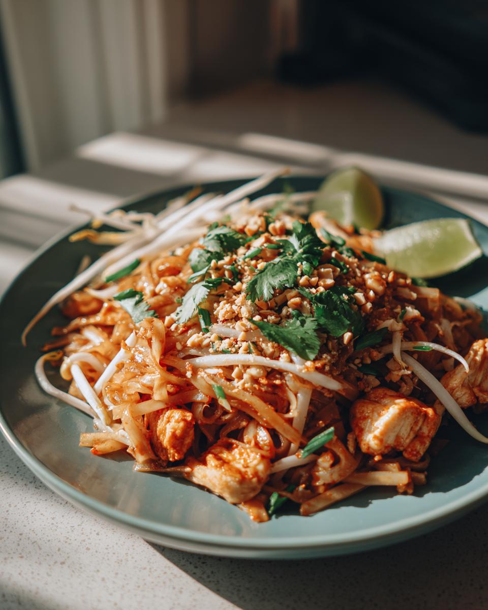 A close-up of a plate of Chicken Pad Thai, featuring noodles, chicken pieces, bean sprouts, crushed peanuts, cilantro, and lime wedges.