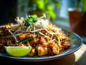 A close-up of a plate of Chicken Pad Thai, garnished with bean sprouts, cilantro, peanuts, and a lime wedge.