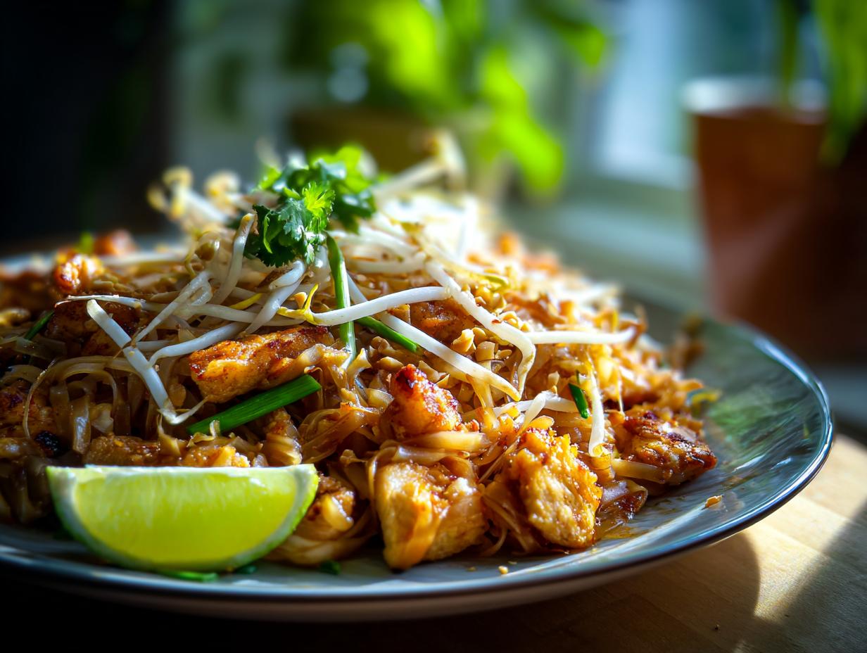 A close-up of a plate of Chicken Pad Thai, garnished with bean sprouts, cilantro, peanuts, and a lime wedge.