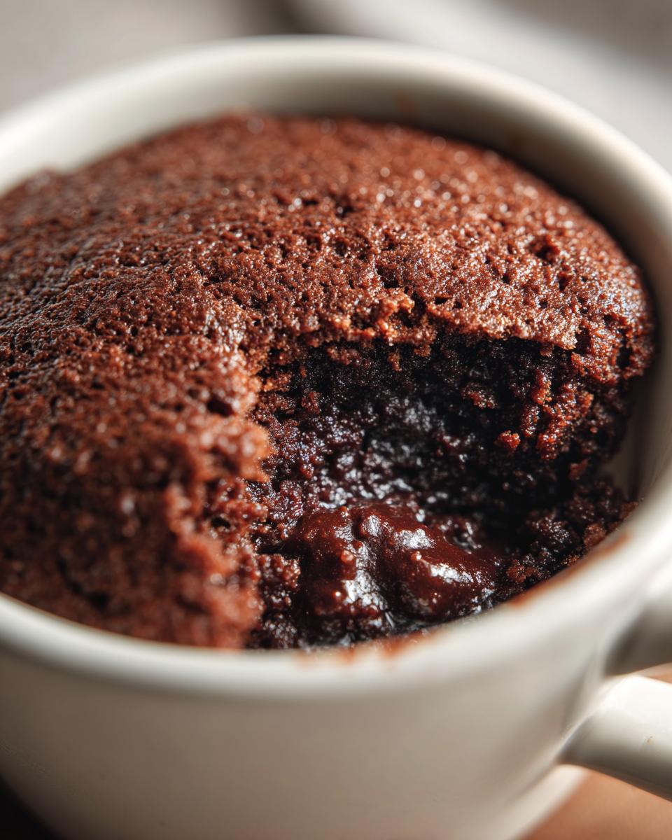 Close-up of a rich chocolate protein mug cake with a gooey center, ready to eat.