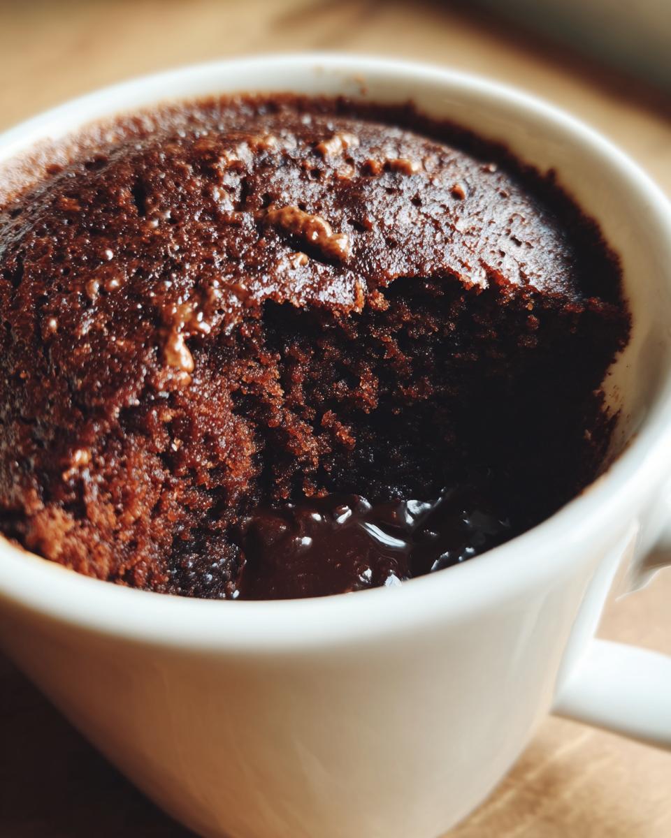 Close-up of a rich chocolate protein mug cake with a molten chocolate center.