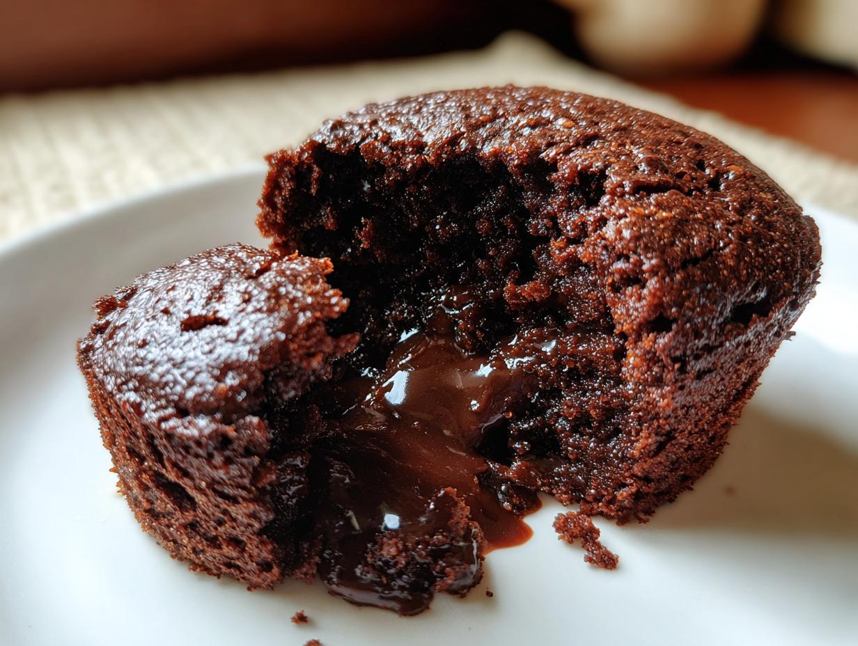 A close-up of a rich chocolate protein mug cake with a molten chocolate center oozing out.