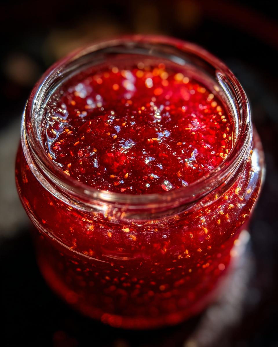 Close-up of a glass jar filled with vibrant red Christmas jam, showing fruit pieces and seeds.