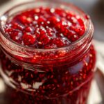 A close-up shot of a glass jar filled with glistening, homemade Christmas jam, showcasing the vibrant red fruit and seeds.
