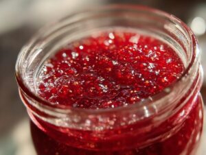 Close-up of a jar filled with glistening, homemade Christmas jam, showing its rich red color and fruit seeds.