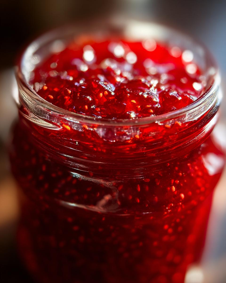 Close-up of a glass jar filled with vibrant red Christmas jam, showing fruit pieces and seeds.