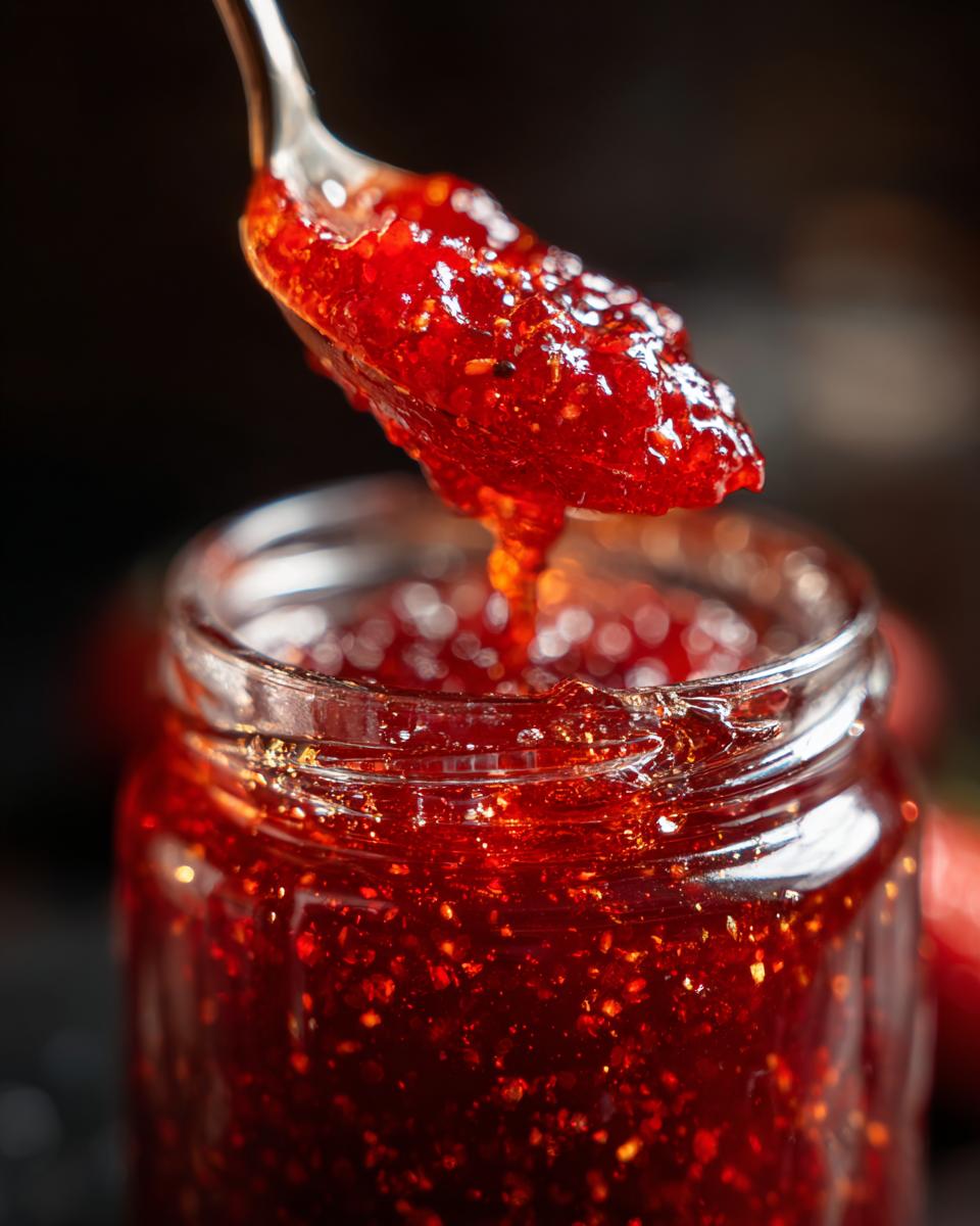 A close-up of a spoon lifting glistening, ruby-red Christmas jam from a glass jar.