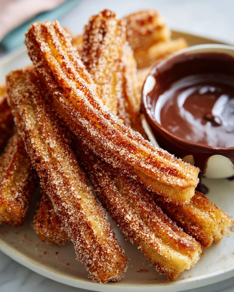 A close-up of freshly fried Churros coated in cinnamon sugar, served with a side of rich chocolate dipping sauce.