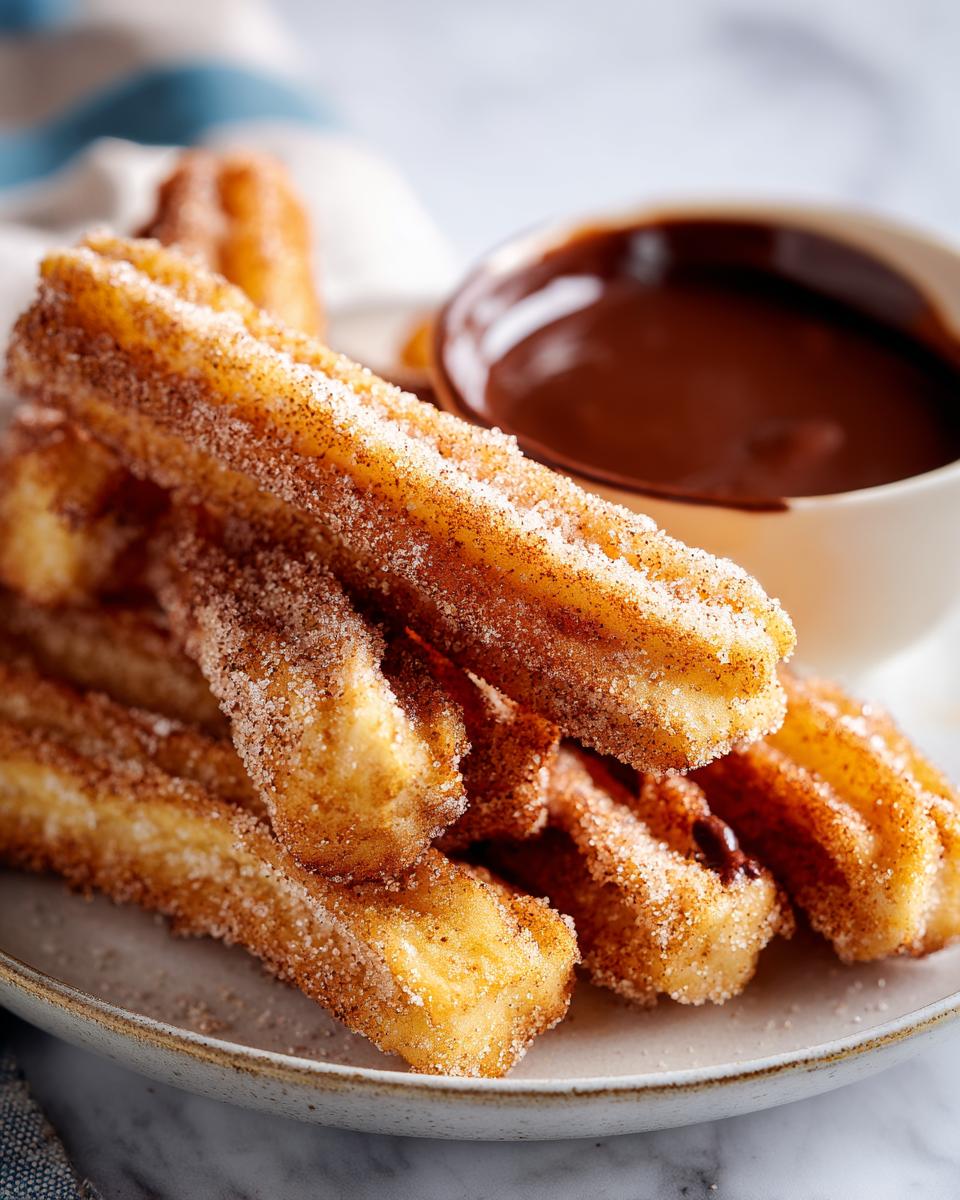 A pile of freshly fried churros coated in cinnamon sugar, served with a side of rich chocolate dipping sauce.