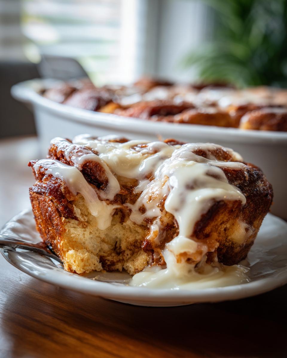 A close-up of a fork-tender slice of cinnamon roll casserole, generously drizzled with cream cheese frosting.