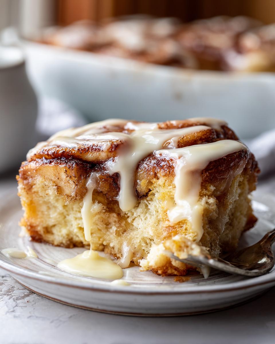 A close-up of a fluffy slice of cinnamon roll casserole, drizzled with creamy white glaze.