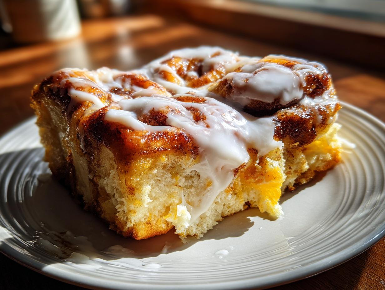 A close-up shot of a moist and fluffy cinnamon roll casserole slice drizzled with white icing.