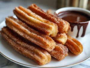 A close-up of a pile of golden-brown churros coated in cinnamon sugar, served with a side of rich chocolate dipping sauce.