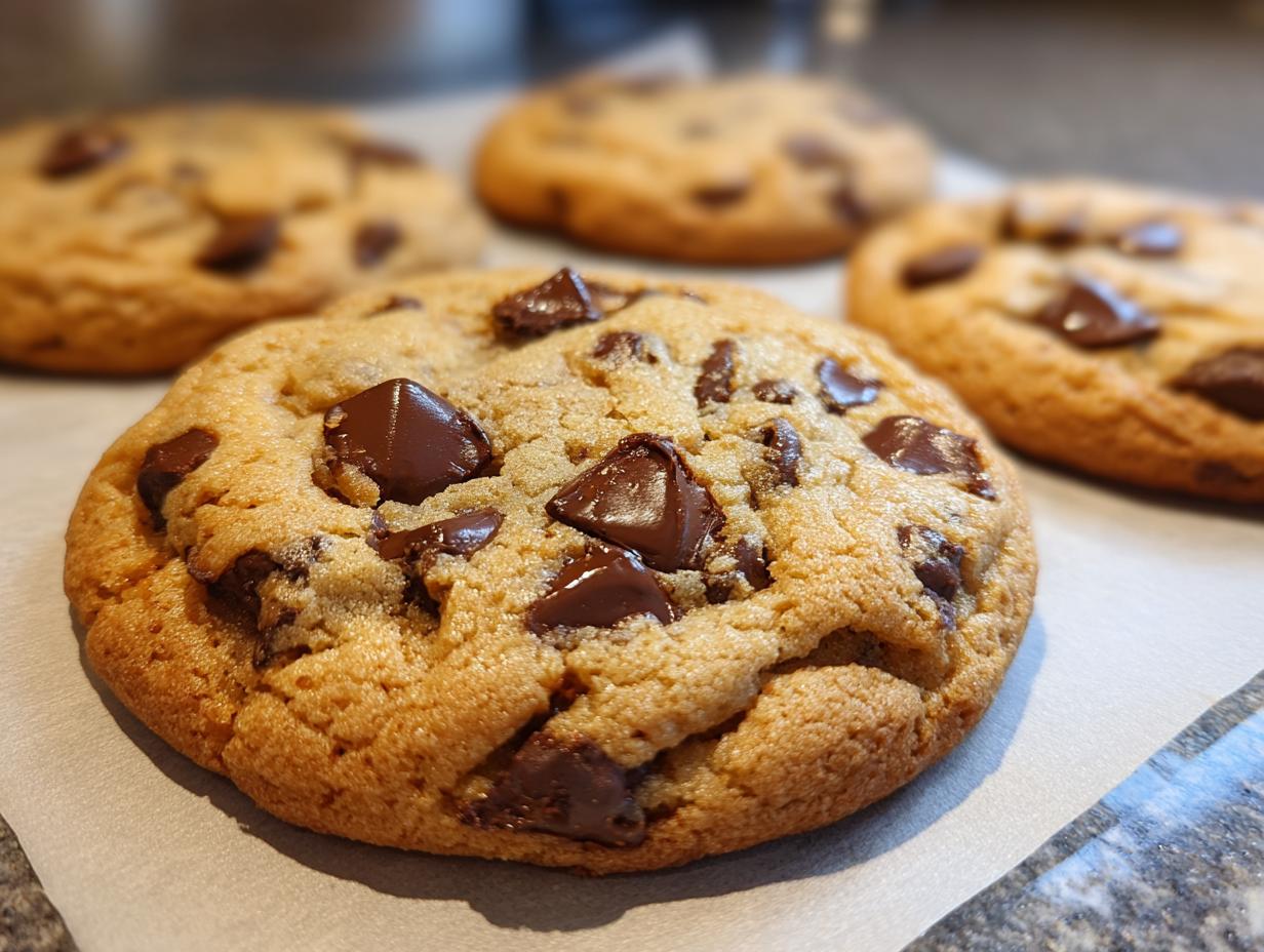 Close-up of a freshly baked classic chocolate chip cookie with melted chocolate chunks.