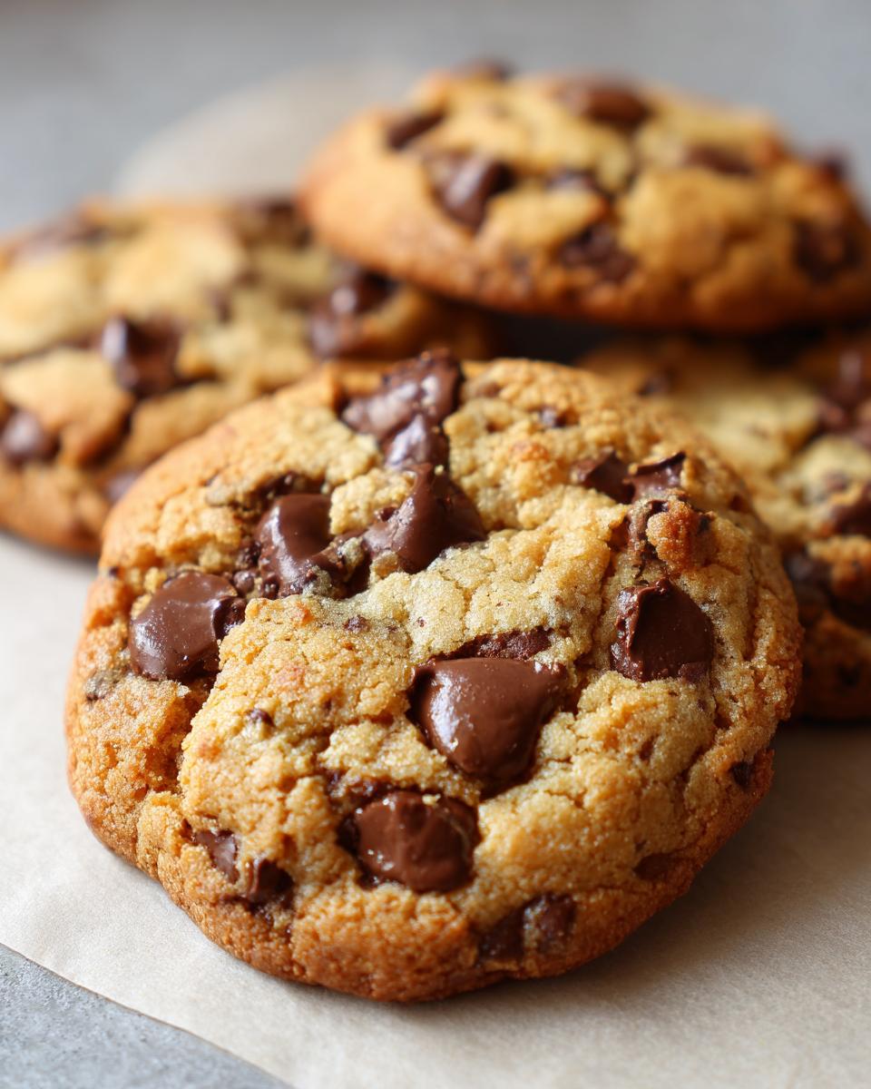 Close-up view of several perfect classic chocolate chip cookies, showcasing gooey melted chocolate chips.