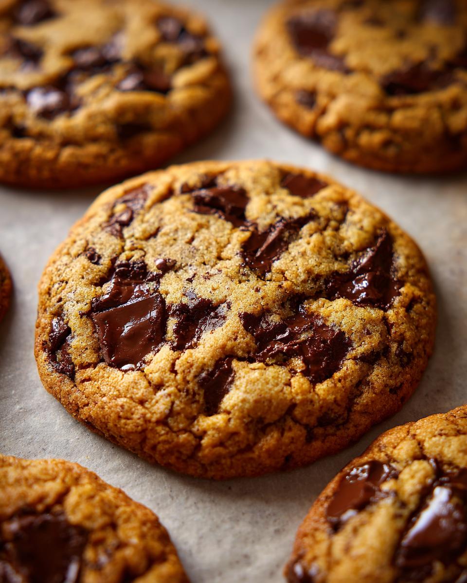 Close-up of a perfectly baked classic chocolate chip cookie, loaded with dark chocolate chunks.