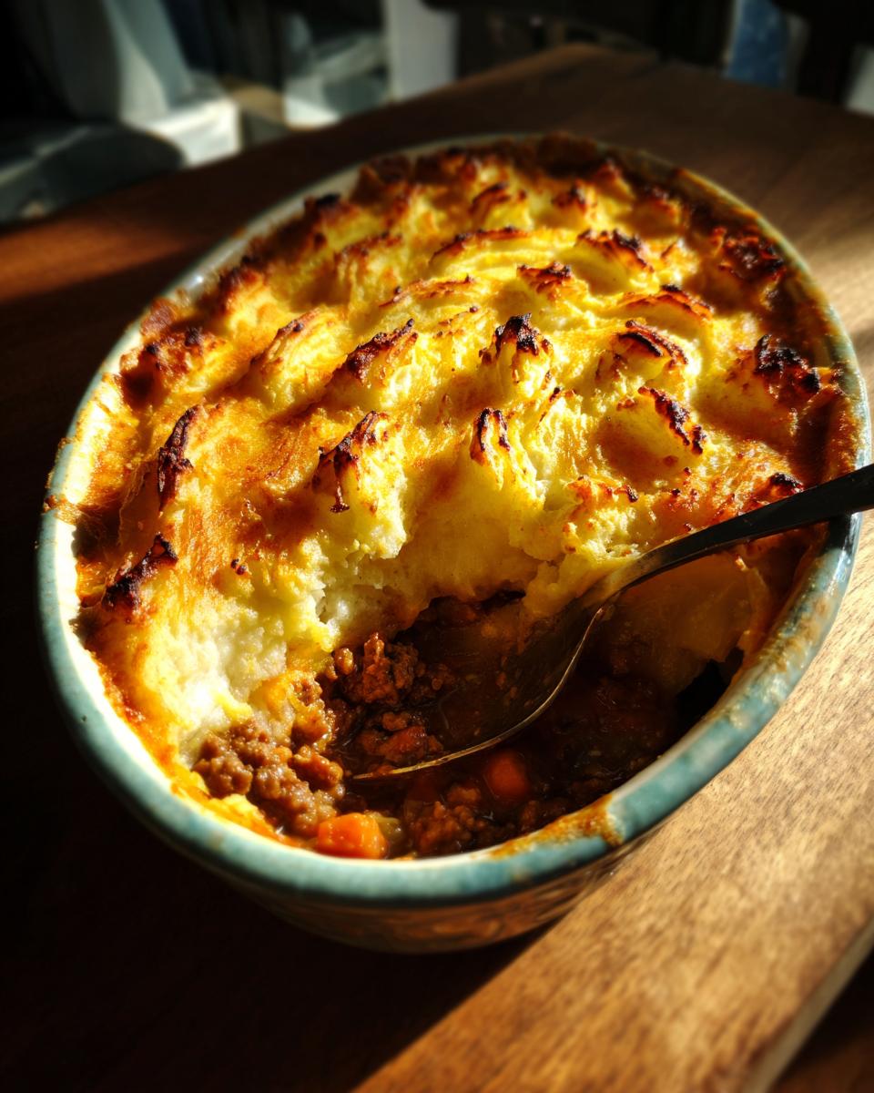 A close-up of a Classic Shepherd's Pie in a baking dish, with a spoon scooping out a portion revealing the rich meat filling.