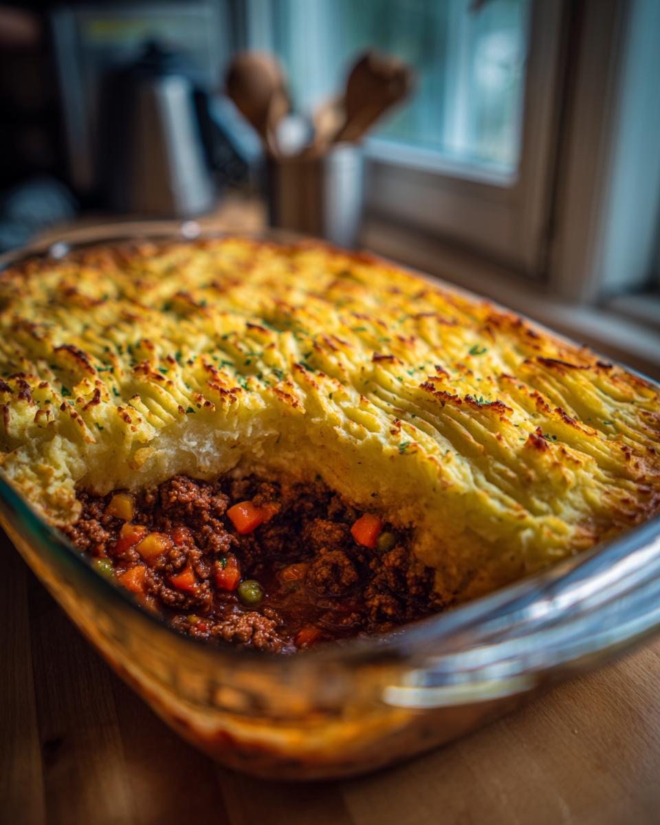 A close-up of a Classic Shepherd's Pie in a glass baking dish, with a golden-brown mashed potato topping and visible meat and vegetable filling.