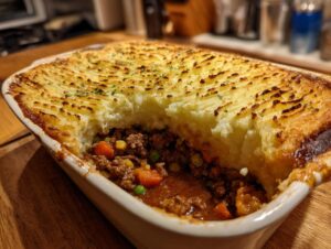 A close-up of a freshly baked Classic Shepherd's Pie in a white baking dish, showing the rich meat and vegetable filling topped with piped mashed potatoes.