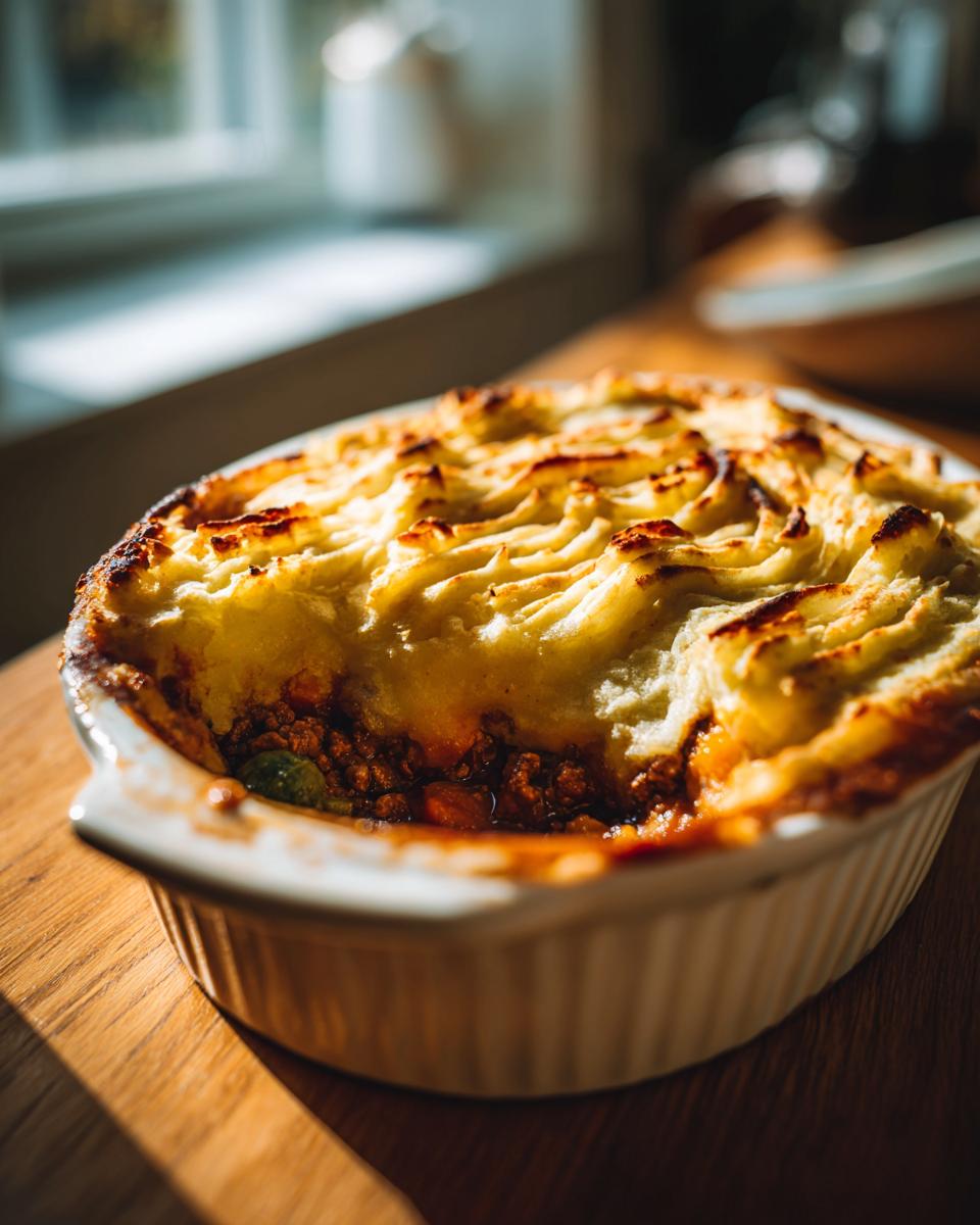 Close-up of a golden-brown, piped mashed potato topping on a Classic Shepherd's Pie in a white baking dish.