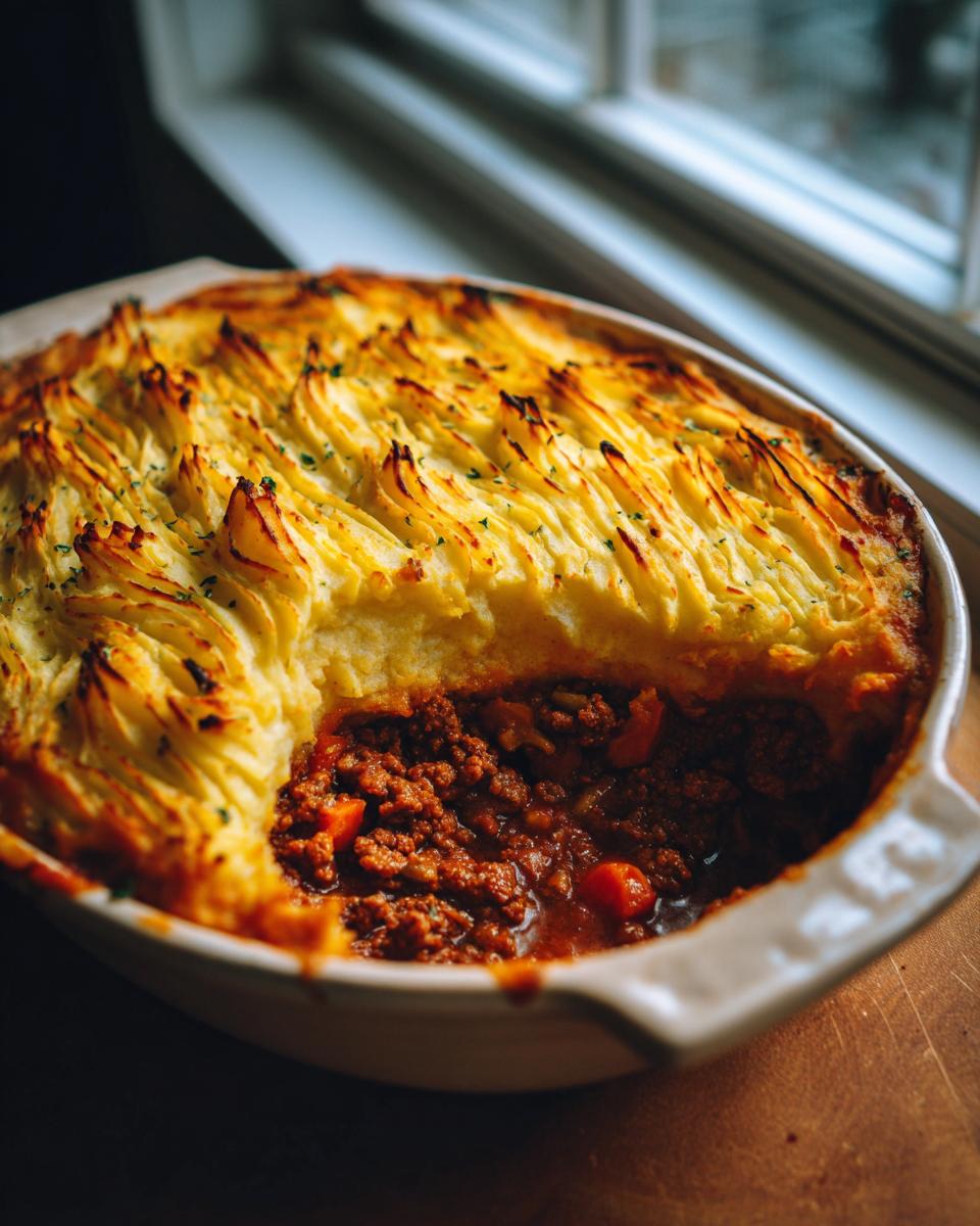A golden-brown, piped mashed potato topping on a hearty Classic Shepherd's Pie, with a serving removed to reveal the rich meat filling.