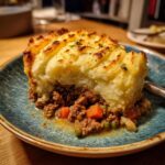 A close-up of a hearty slice of classic shepherd's pie, featuring a rich ground meat and vegetable filling topped with golden, fluted mashed potatoes.