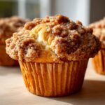 Close-up of a perfectly baked coffee cake muffin with a generous crumbly streusel topping.